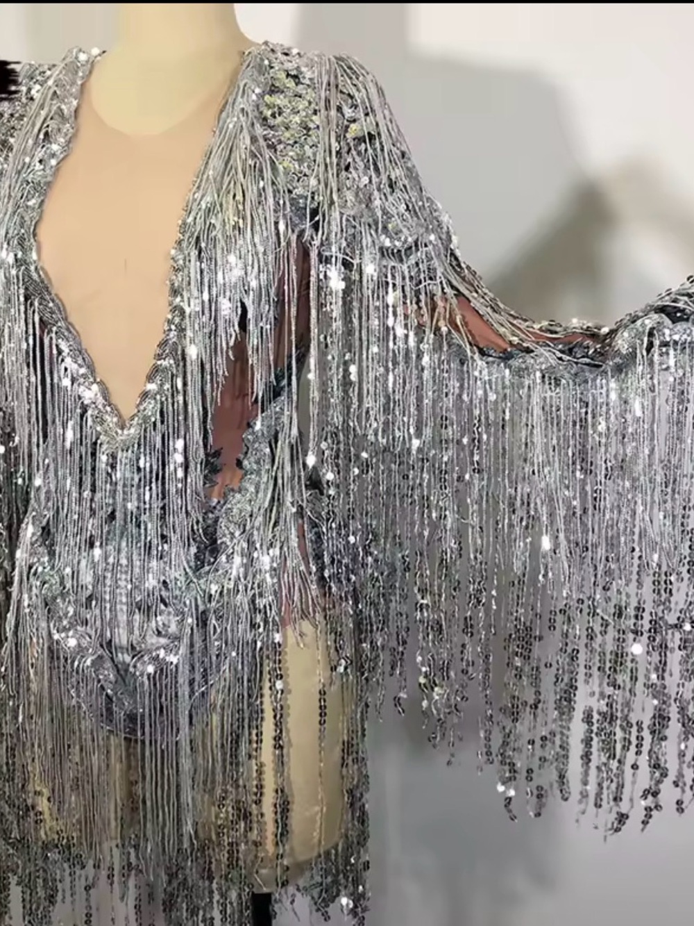 Silver Sequin Fringe V-Neck Statement Top